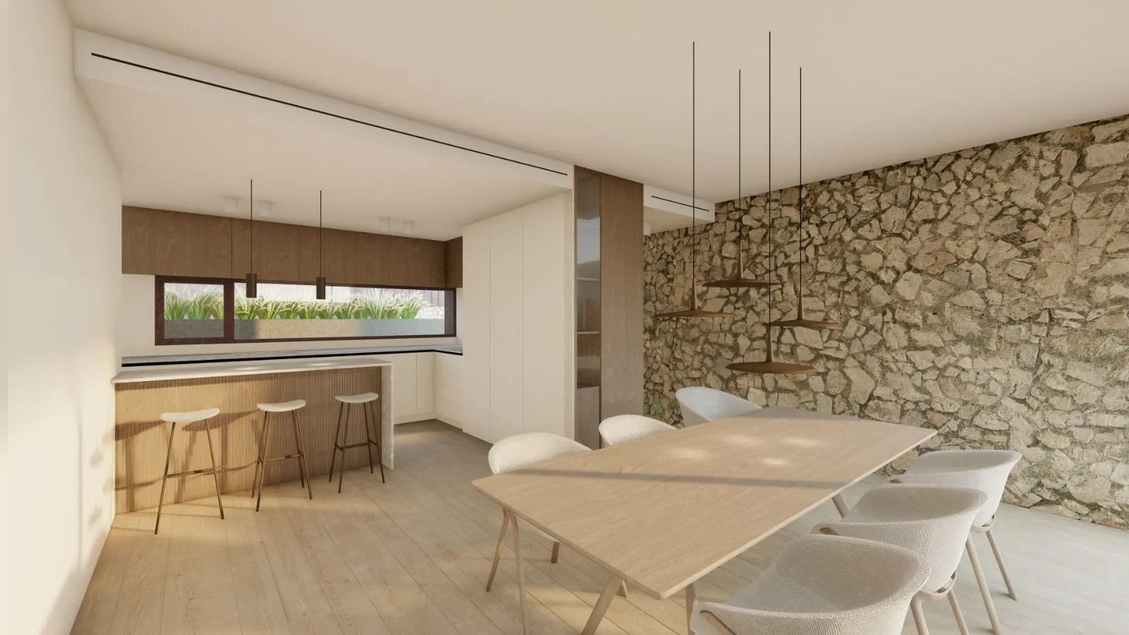 Infografía del comedor y la cocina con muro de mampostería de piedra