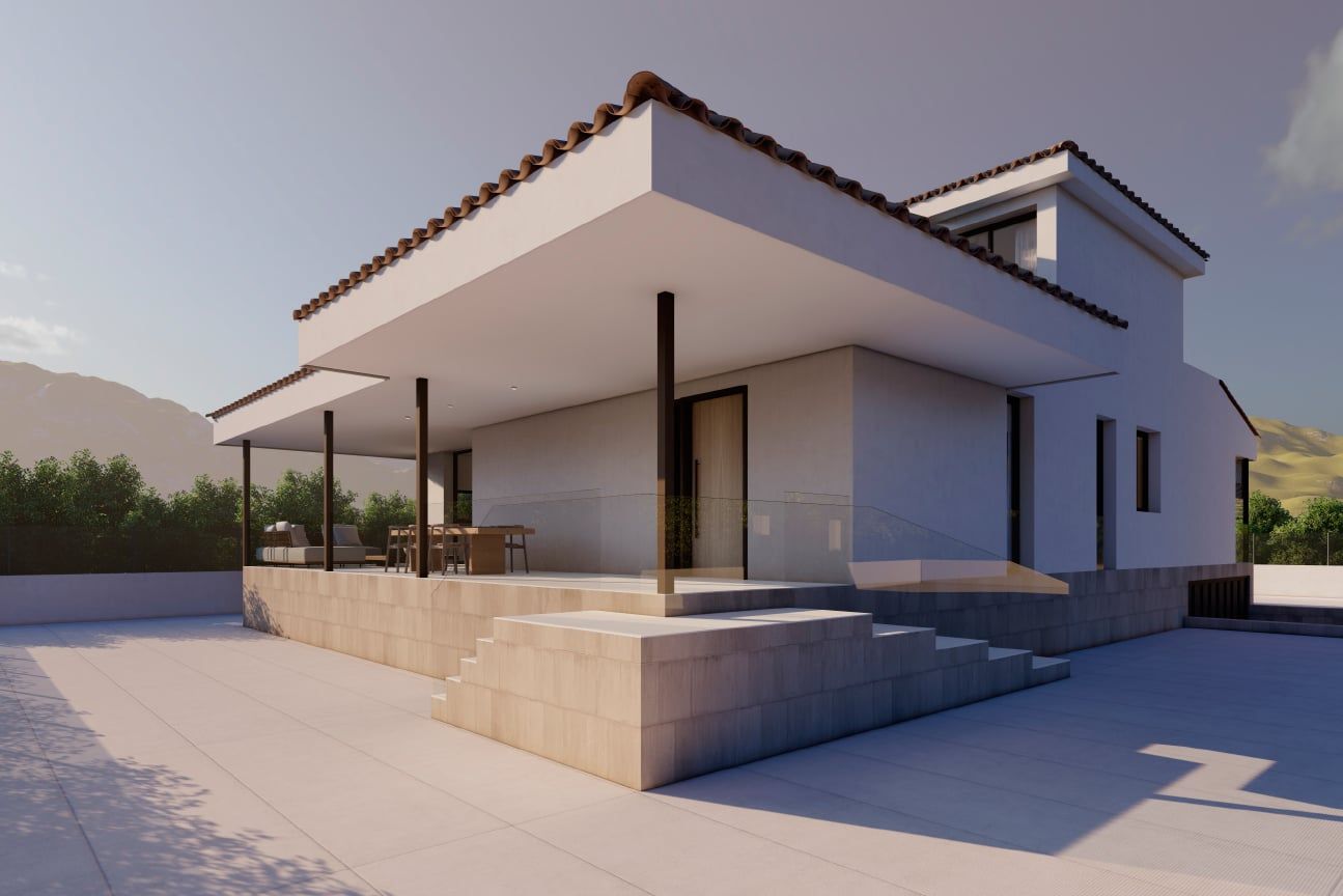 Infografía exterior de la vivienda unifamiliar con porche y zócalo de piedra