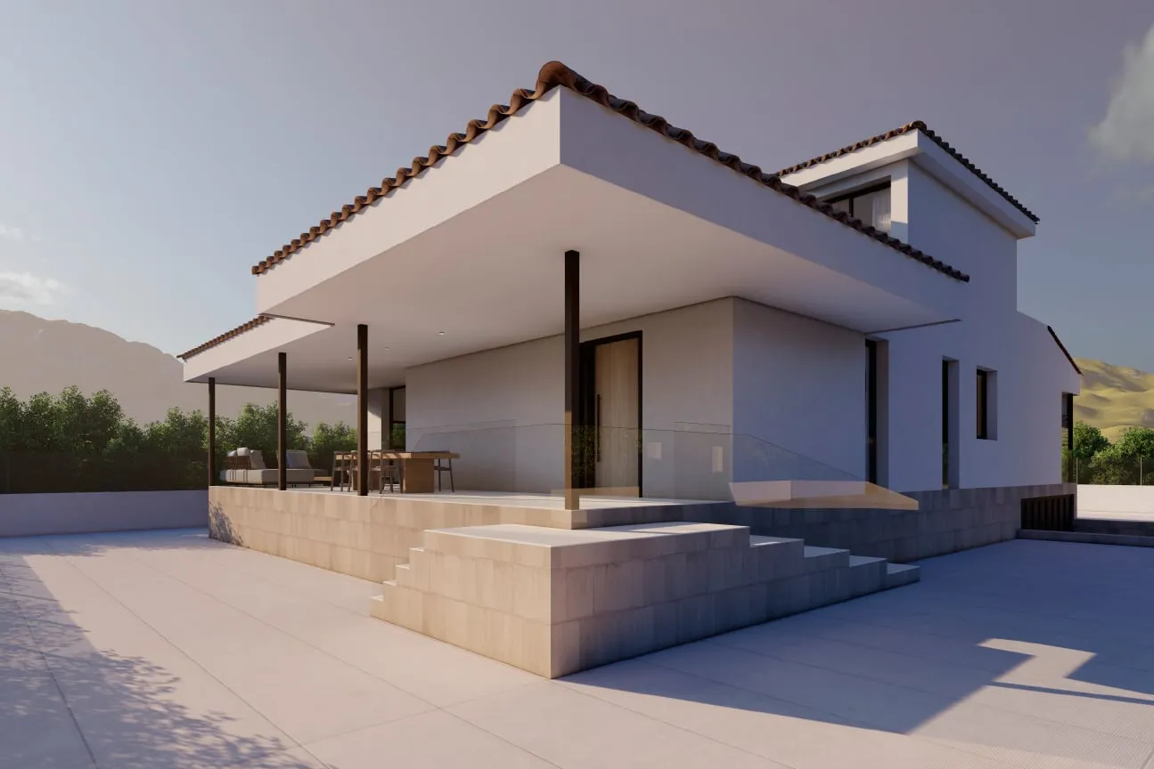 Infografía exterior de la vivienda unifamiliar con porche y zócalo de piedra