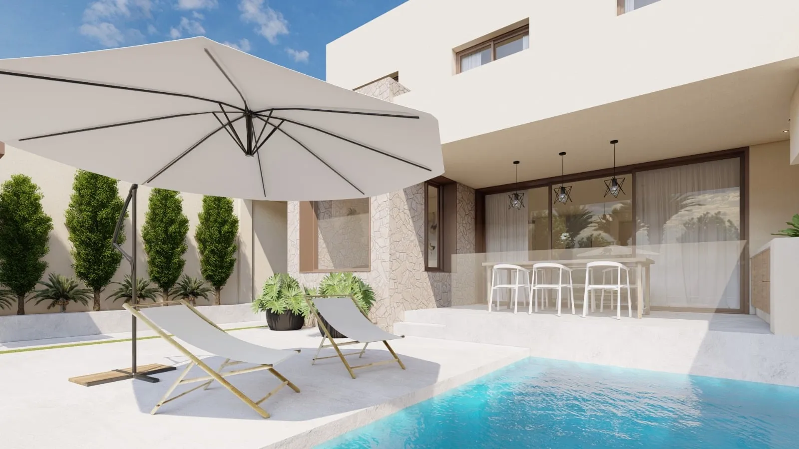 Infografía del patio trasero con piscina y porche