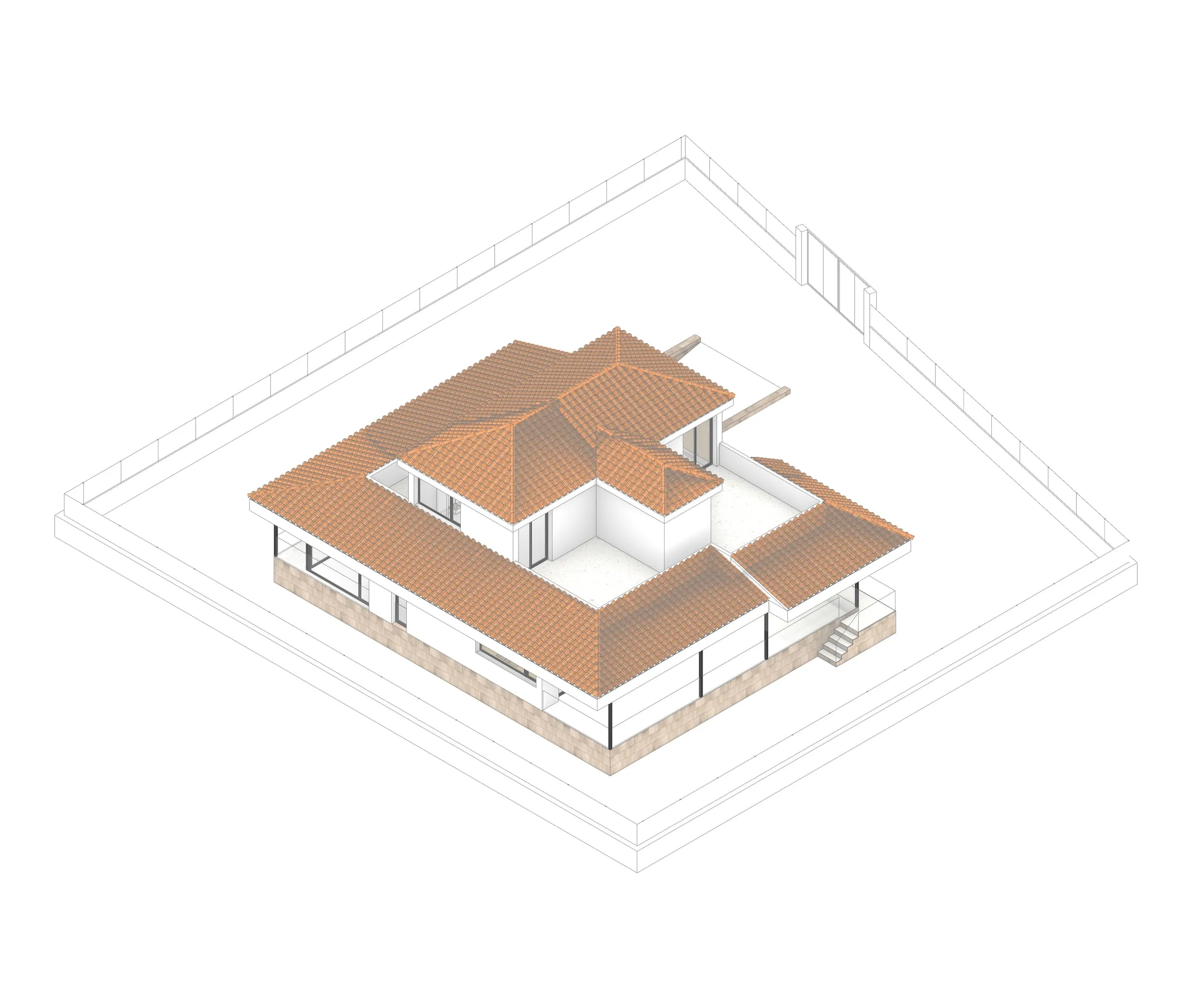 Axonometría de la vivienda con el porche y la distribución de cubiertas