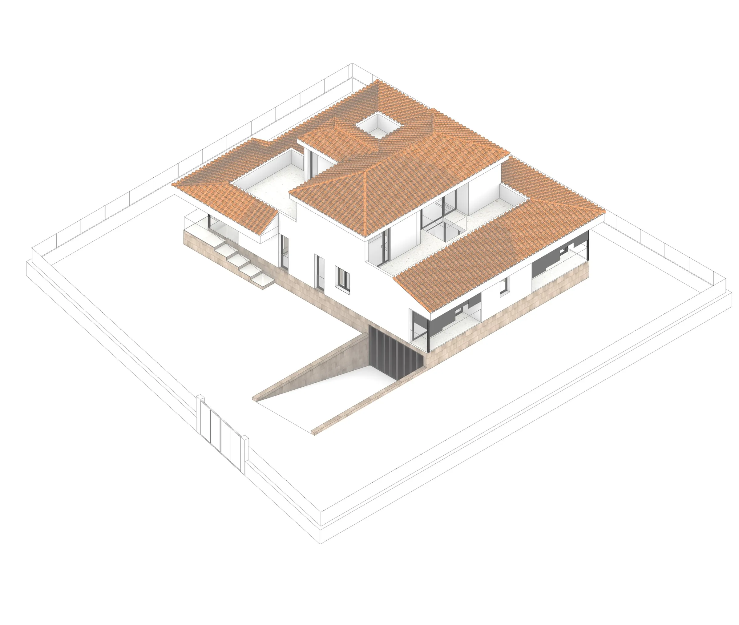 Axonometría de la vivienda con la parcela