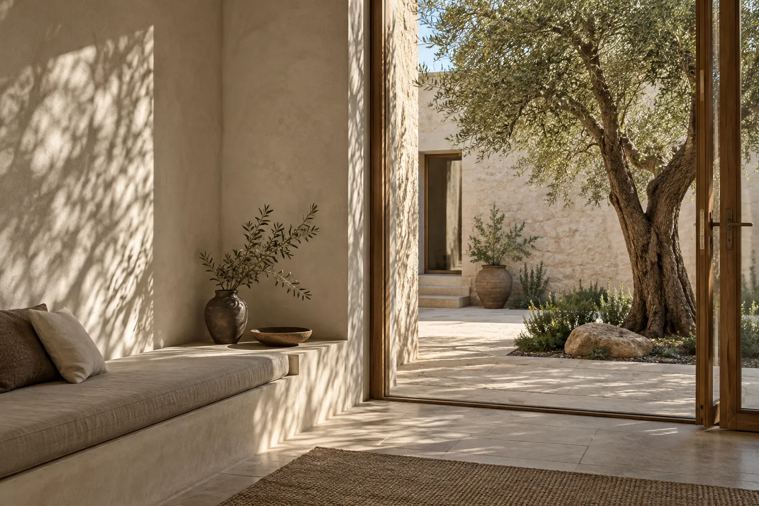 Visualización conceptual de un interior abierto a un patio con un olivo y luz natural