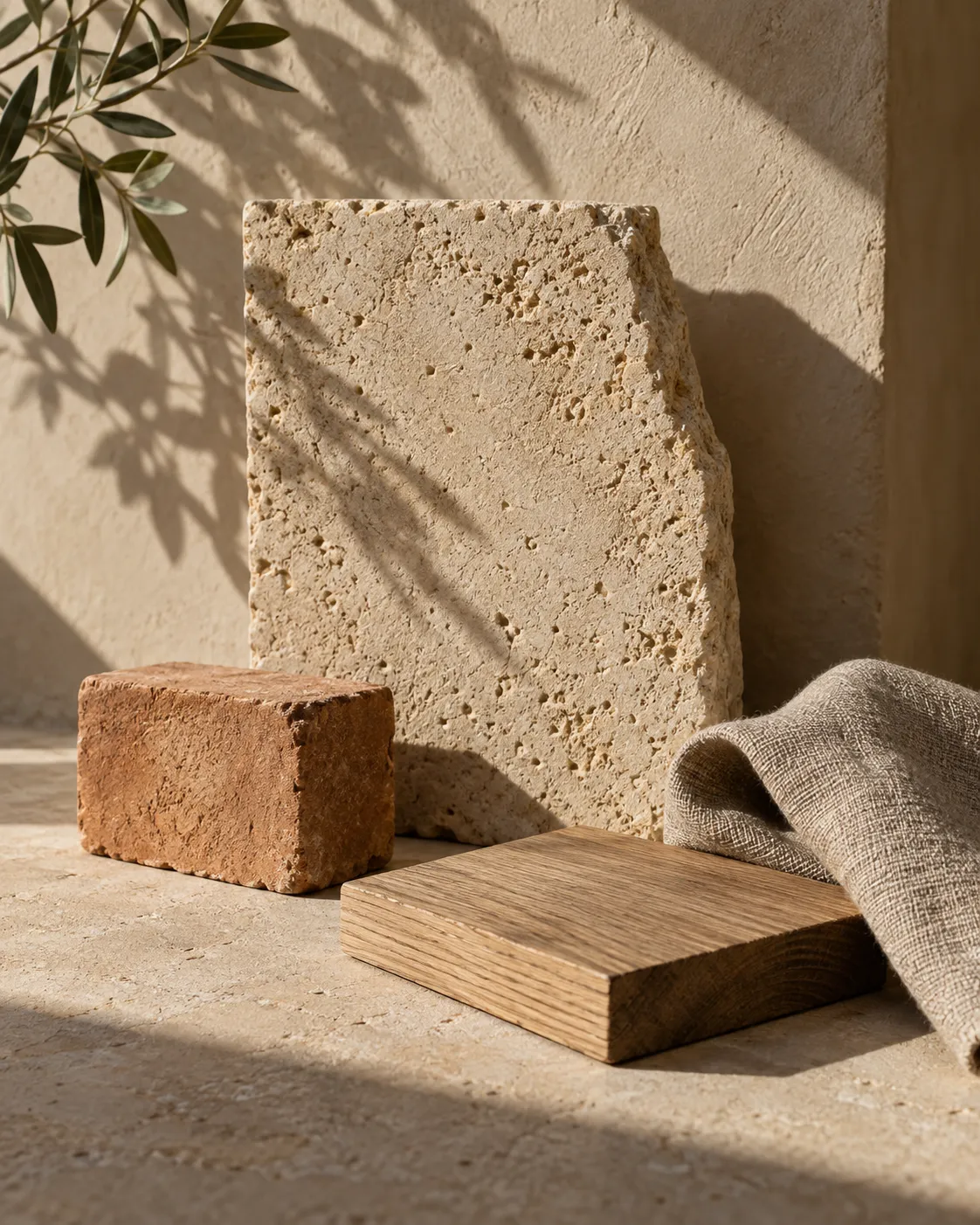 Composición conceptual de piedra natural, terracota, madera y lino bajo la luz del sol