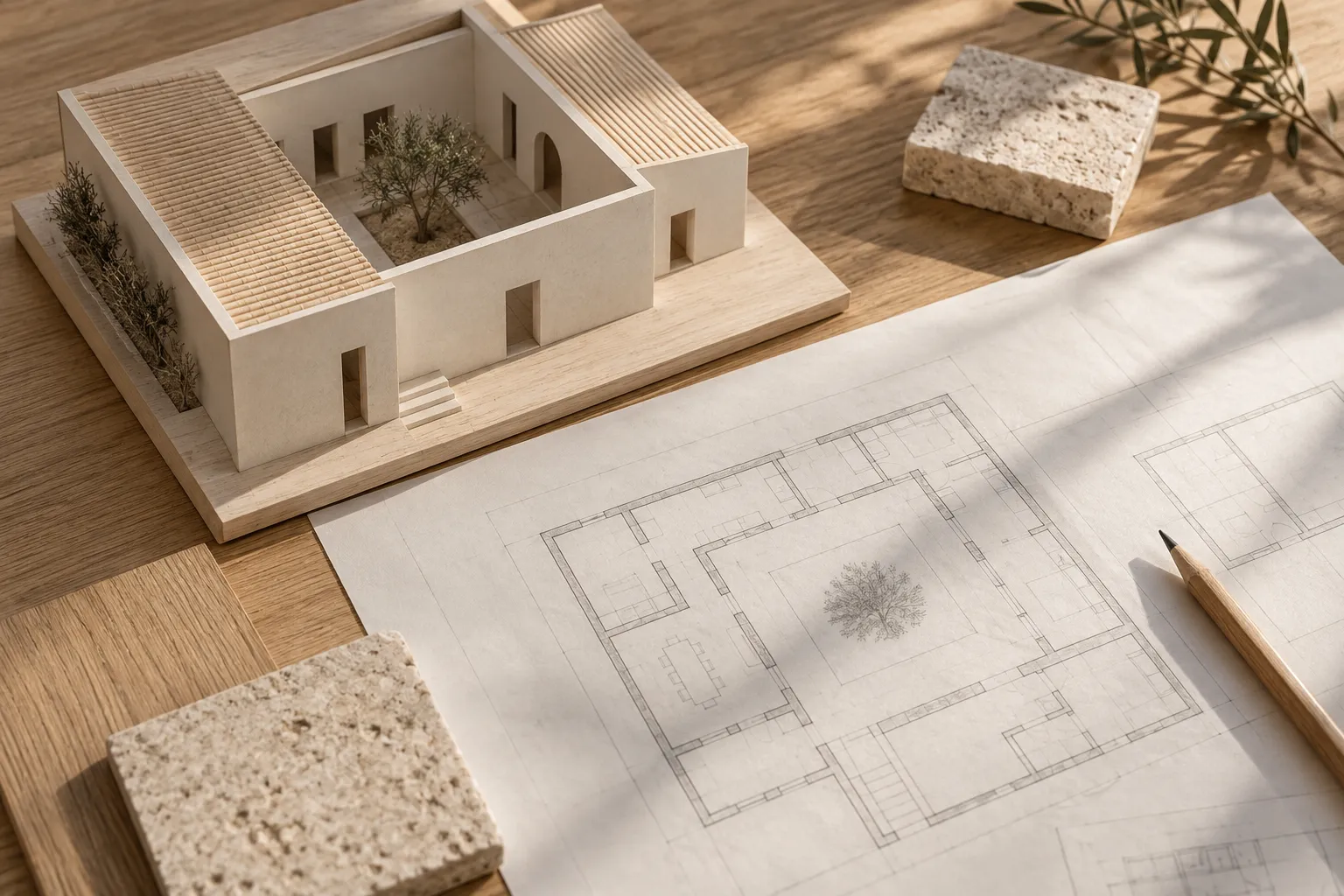 Imagen conceptual de una maqueta arquitectónica, planos y muestras sobre una mesa de trabajo